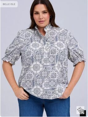 torrid White and Blue Tile-Print Ruffle-Trim Blouse